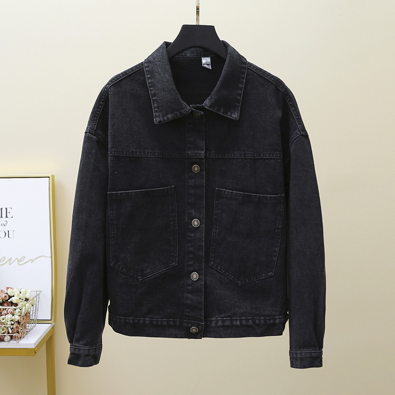 Női koreai stílusú farmerdzseki, laza szabás, hosszú ujjú, polo gallér, ősz 2025