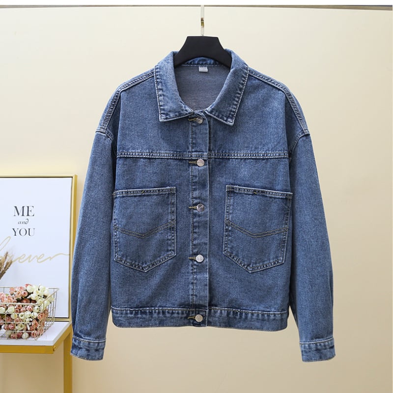 Női koreai stílusú farmerdzseki, laza szabás, hosszú ujjú, polo gallér, ősz 2025