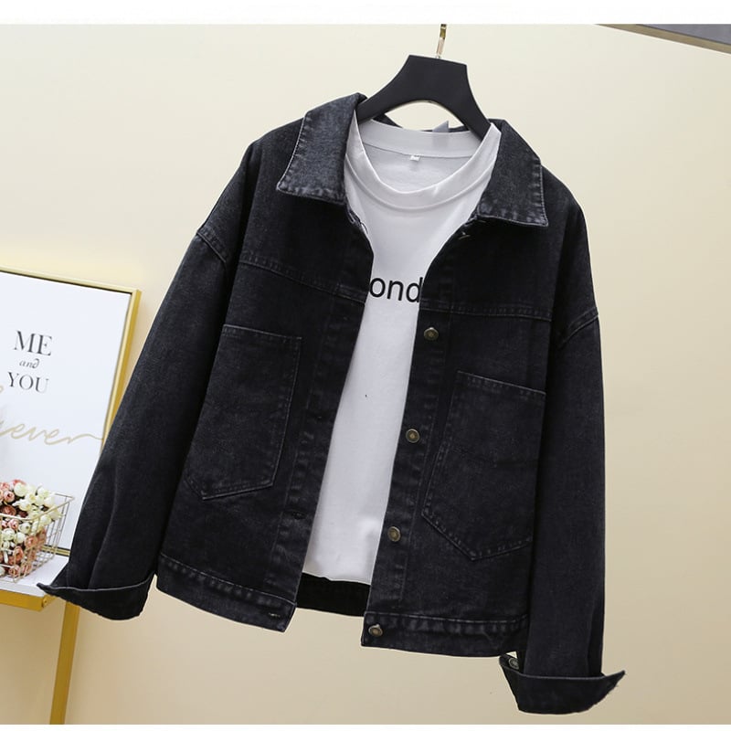 Női koreai stílusú farmerdzseki, laza szabás, hosszú ujjú, polo gallér, ősz 2025