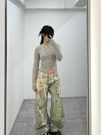 Cardigan tricotat din lână, croială slim, guler rotund, mâneci lungi, lungime normală, stil street fashion