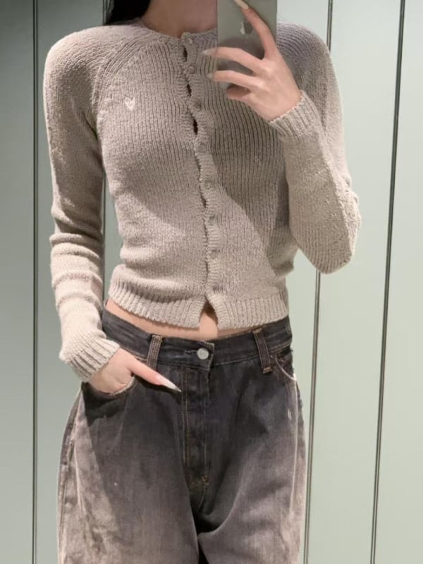 Cardigan tricotat din lână, croială slim, guler rotund, mâneci lungi, lungime normală, stil street fashion