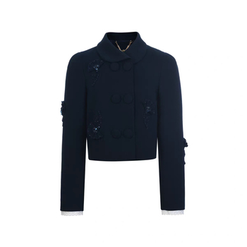 Női kosztümkabát háromdimenziós virágdíszítéssel, gallér, dupla gombos zárás, rövid hossz, poliészter, elegáns munkahelyi stílus