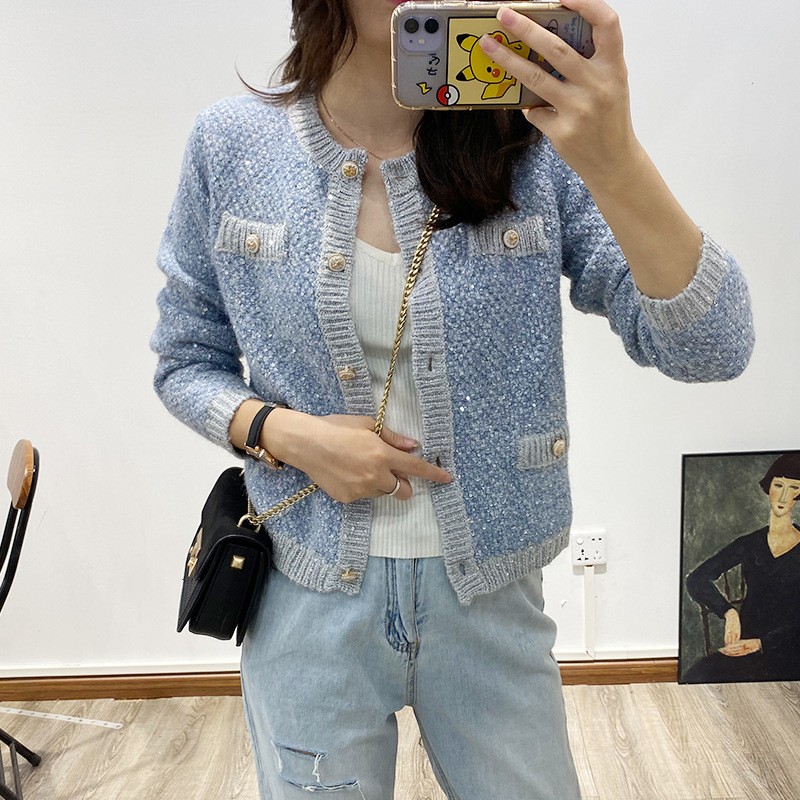 Cardigan tricotat pentru femei, croială lejeră, mâneci lungi, guler rotund, material: amestec fibre chimice cu nailon și polipropilenă, lungime 50–65 cm