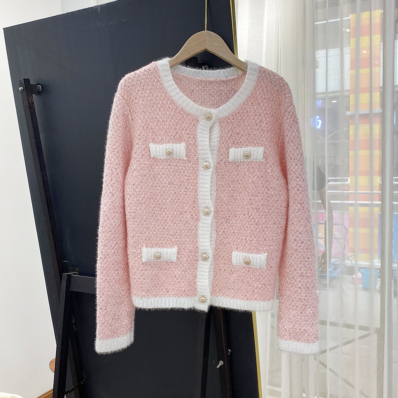 Cardigan tricotat pentru femei, croială lejeră, mâneci lungi, guler rotund, material: amestec fibre chimice cu nailon și polipropilenă, lungime 50–65 cm