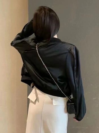 Női baseballdzseki, laza szabás, puffos ujjú, polo gallér, normál hossz, Spandex–Poliészter keverék.