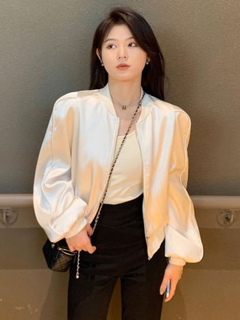 Női baseballdzseki, laza szabás, puffos ujjú, polo gallér, normál hossz, Spandex–Poliészter keverék.