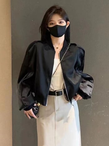 Női baseballdzseki, laza szabás, puffos ujjú, polo gallér, normál hossz, Spandex–Poliészter keverék.