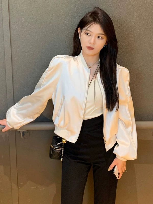 Női baseballdzseki, laza szabás, puffos ujjú, polo gallér, normál hossz, Spandex–Poliészter keverék.