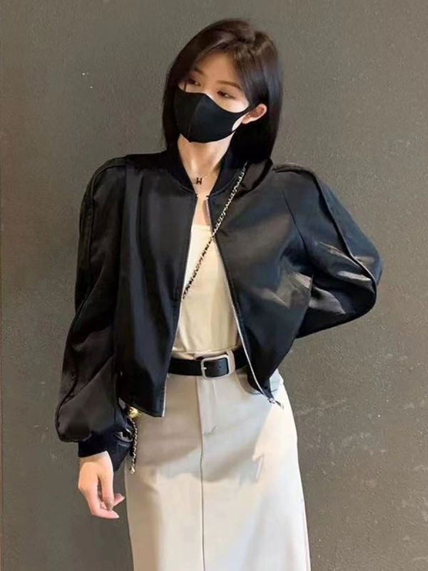 Női baseballdzseki, laza szabás, puffos ujjú, polo gallér, normál hossz, Spandex–Poliészter keverék.