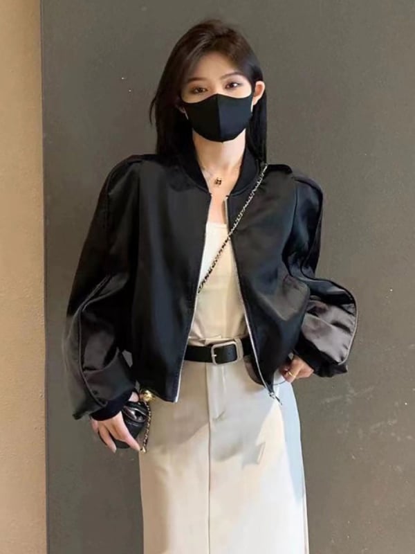 Női baseballdzseki, laza szabás, puffos ujjú, polo gallér, normál hossz, Spandex–Poliészter keverék.