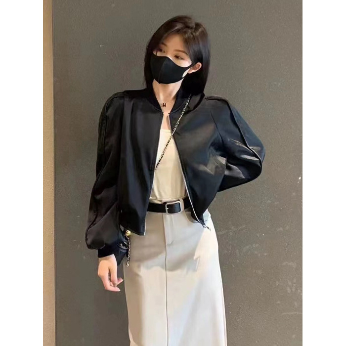 Női baseballdzseki, laza szabás, puffos ujjú, polo gallér, normál hossz, Spandex–Poliészter keverék.