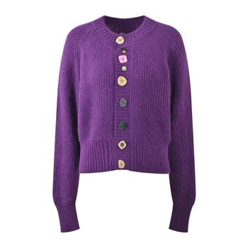 Cardigan tricotat din lână amestec, guler rotund, mâneci lungi, nasturi pe un singur rând, lungime scurtă