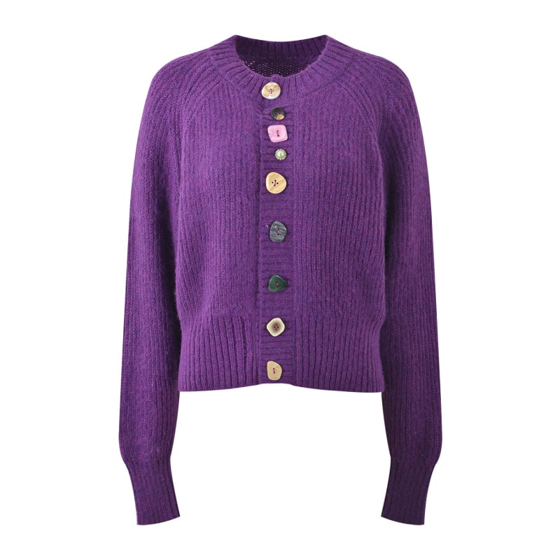 Cardigan tricotat din lână amestec, guler rotund, mâneci lungi, nasturi pe un singur rând, lungime scurtă