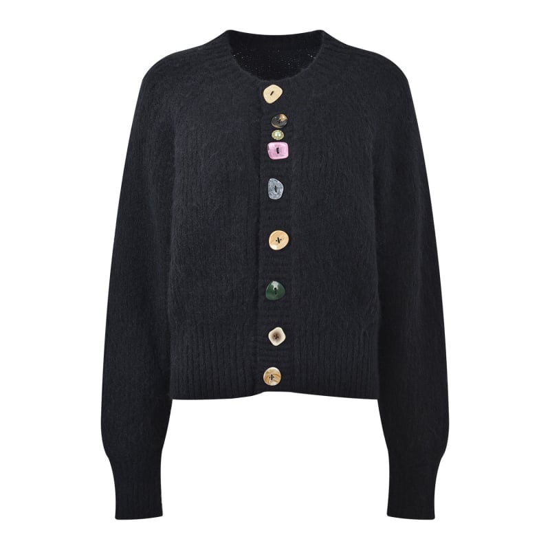 Cardigan tricotat din lână amestec, guler rotund, mâneci lungi, nasturi pe un singur rând, lungime scurtă