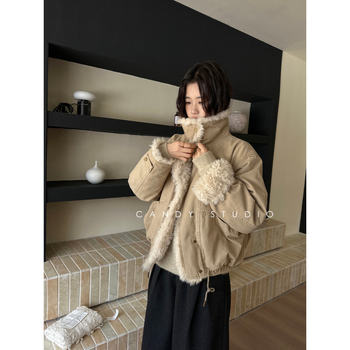 Jachetă E9667 cu guler rotund, mâneci lungi, țesătură groasă, stil japonez-coreean de relaxare, lansare toamnă 2025