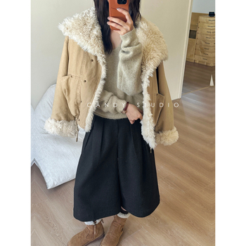 Jachetă E9667 cu guler rotund, mâneci lungi, țesătură groasă, stil japonez-coreean de relaxare, lansare toamnă 2025