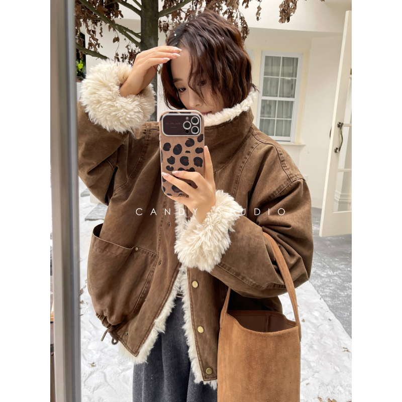 Jachetă E9667 cu guler rotund, mâneci lungi, țesătură groasă, stil japonez-coreean de relaxare, lansare toamnă 2025