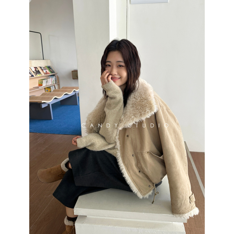 Jachetă E9667 cu guler rotund, mâneci lungi, țesătură groasă, stil japonez-coreean de relaxare, lansare toamnă 2025