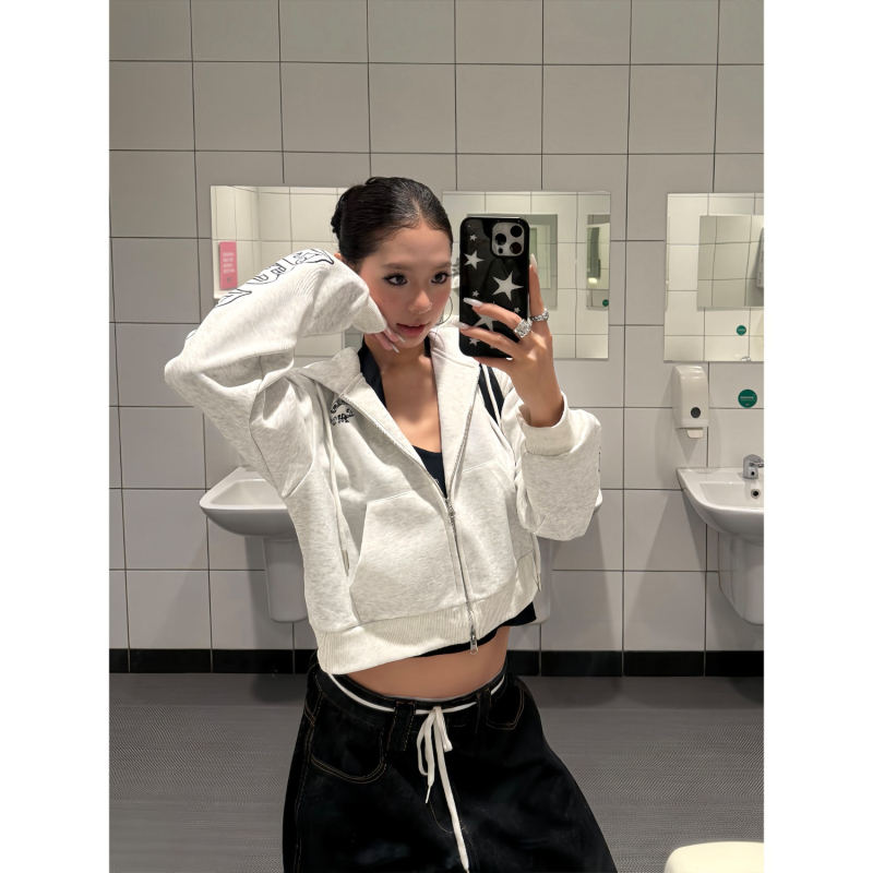 F383 Cardigan-sweatshirt cu imprimeu de litere, din bumbac-poliester, glugă, fermoar, croială lejeră, mâneci lungi