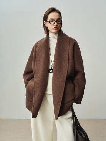 Palton din lână pentru femei, guler de halat, lână dublu față, croială lejeră, lungime medie, mâneci lungi