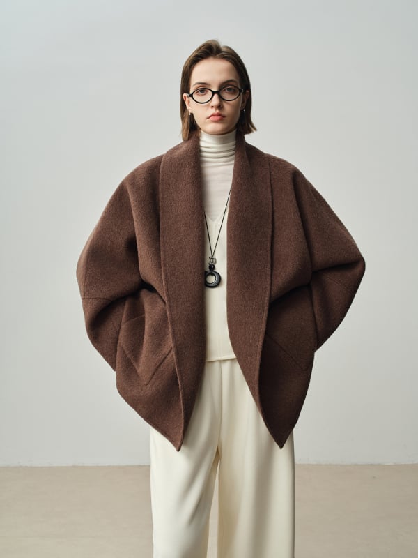 Palton din lână pentru femei, guler de halat, lână dublu față, croială lejeră, lungime medie, mâneci lungi