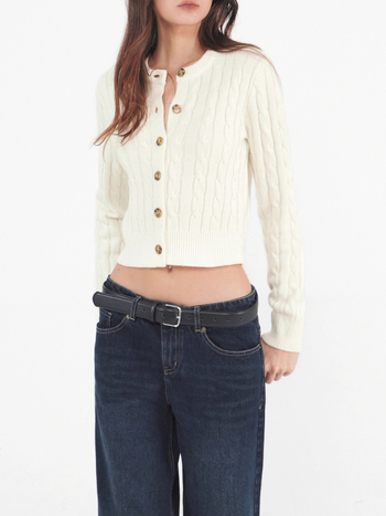 Jim Kennet Ženski twist‑knit cardigan pulover, zaobljen ovratnik, duge rukave, kratka duljina 40–50 cm, jednostrano kopčanje, mješavina poliestera/nylona/akrila
