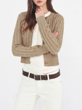 Jim Kennet Ženski twist‑knit cardigan pulover, zaobljen ovratnik, duge rukave, kratka duljina 40–50 cm, jednostrano kopčanje, mješavina poliestera/nylona/akrila