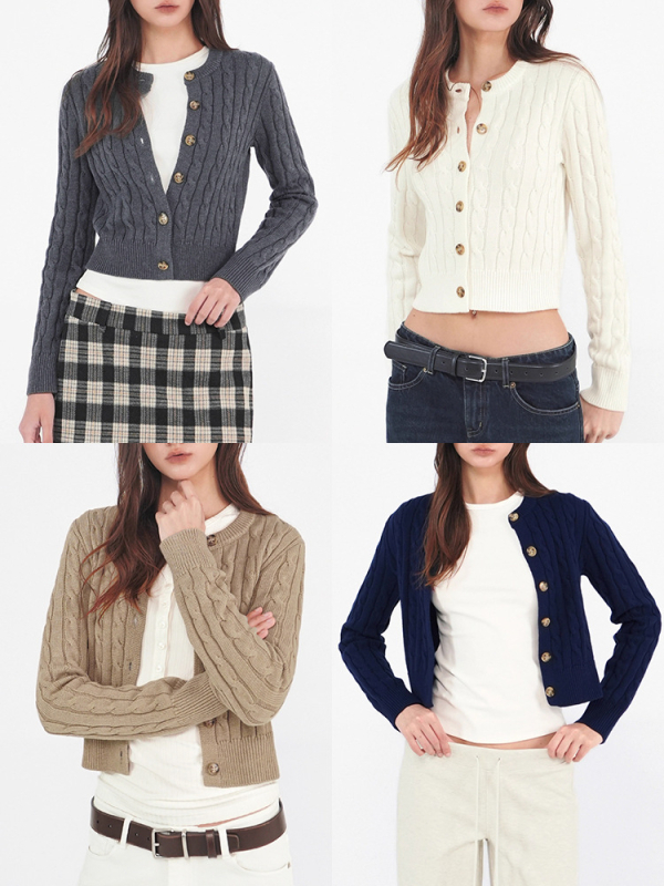 Jim Kennet Ženski twist‑knit cardigan pulover, zaobljen ovratnik, duge rukave, kratka duljina 40–50 cm, jednostrano kopčanje, mješavina poliestera/nylona/akrila
