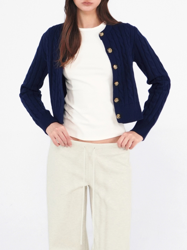 Jim Kennet Ženski twist‑knit cardigan pulover, zaobljen ovratnik, duge rukave, kratka duljina 40–50 cm, jednostrano kopčanje, mješavina poliestera/nylona/akrila