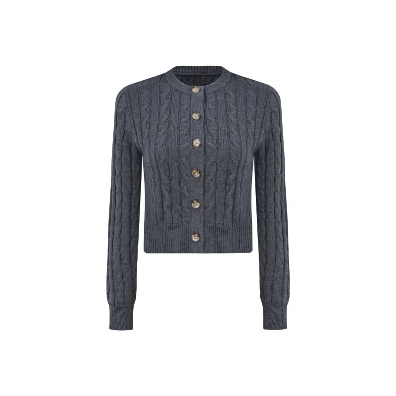 Jim Kennet Ženski twist‑knit cardigan pulover, zaobljen ovratnik, duge rukave, kratka duljina 40–50 cm, jednostrano kopčanje, mješavina poliestera/nylona/akrila