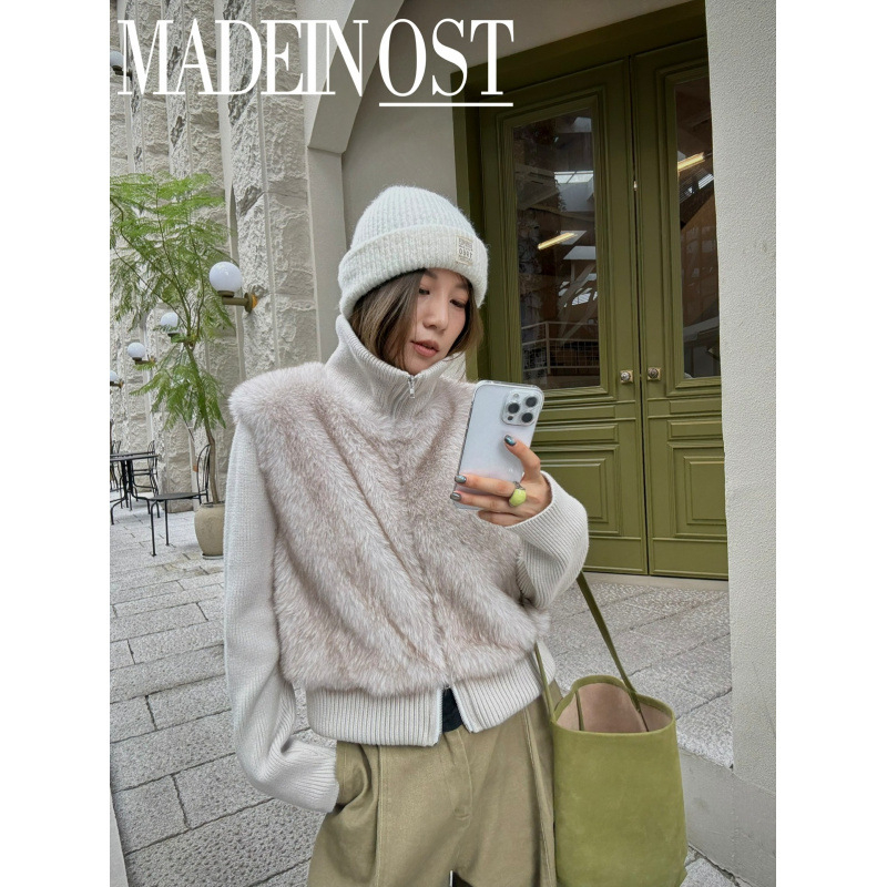 Koreai stílusú rövid kabát műszőrme panelokkal, álló gallér, elöl cipzárral, hosszú ujjú, poliészter