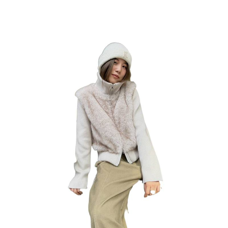 Koreai stílusú rövid kabát műszőrme panelokkal, álló gallér, elöl cipzárral, hosszú ujjú, poliészter