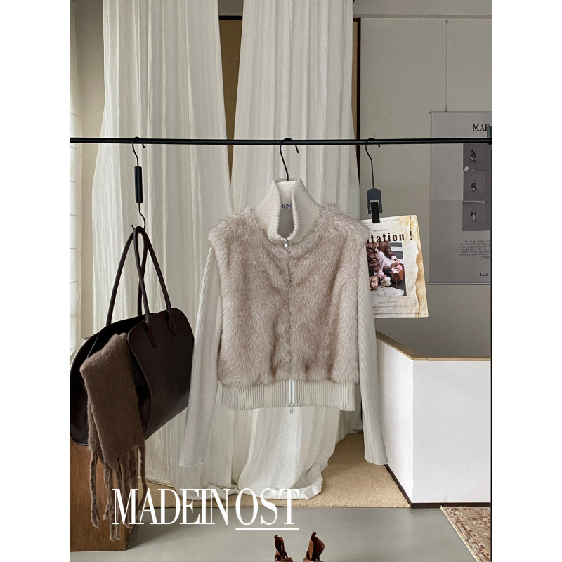 Koreai stílusú rövid kabát műszőrme panelokkal, álló gallér, elöl cipzárral, hosszú ujjú, poliészter