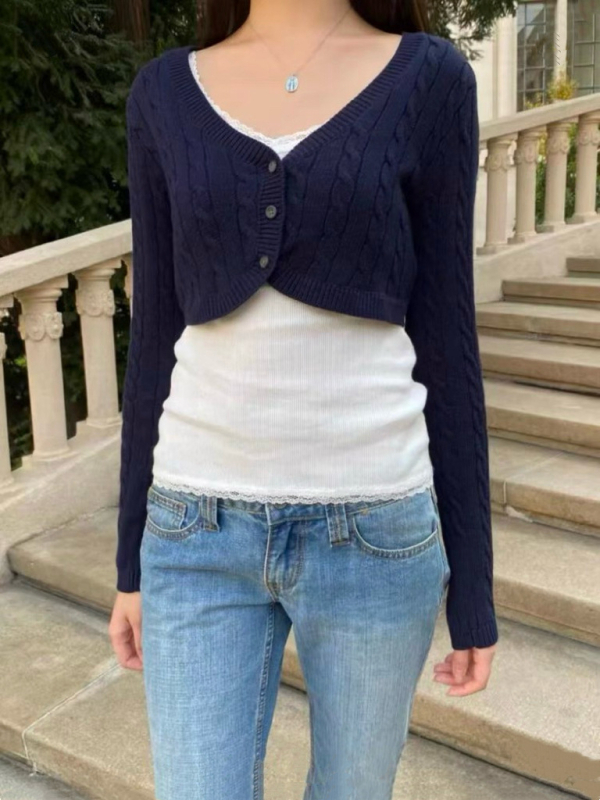 Cardigan stil pleteni pulover s V-izrezom, dugi rukavi, konopna izrada, pamuk materijal (30–50% pamuka, uobičajena debljina, Zima 2025)