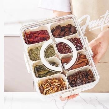 Κουτί αποθήκευσης μπαχαρικών με πολλαπλά διαμερίσματα, σφραγισμένο καπάκι, πλαστικό κατάλληλο για τρόφιμα, για στερεά καρυκεύματα, οικιακή κουζίνα