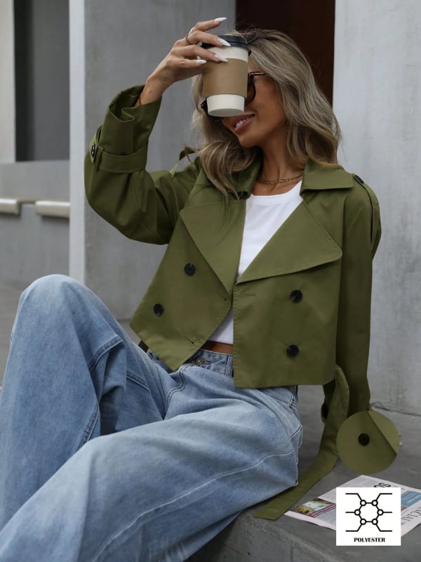 Női rövid dzseki dupla gombolással, poliészter anyagból, egyszínű, laza szabású