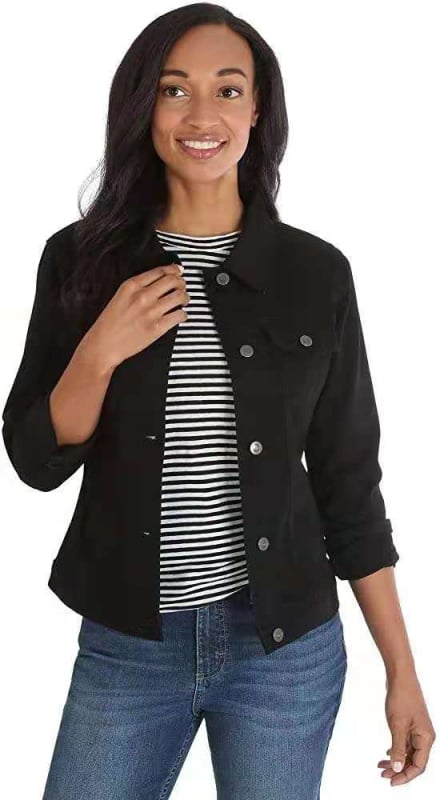 Női szűk szabású rövid farmerdzseki, hosszú ujjú, galléros, 90–95% pamut