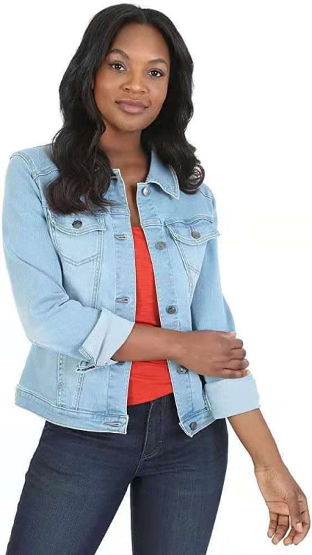 Női szűk szabású rövid farmerdzseki, hosszú ujjú, galléros, 90–95% pamut