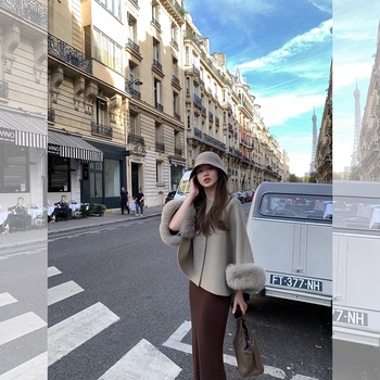 Ženski vuneni kaput s lisčjim krznom – dvostrani, opuštenog kroja, duljina 50–65 cm, okrugli ovratnik