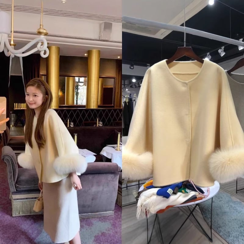 Ženski vuneni kaput s lisčjim krznom – dvostrani, opuštenog kroja, duljina 50–65 cm, okrugli ovratnik