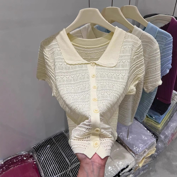 Ženski pleteni kardigan od poliesterskih vlakana, ovratnik s reverom, 3/4 rukavi, patchwork dizajn, slim fit
