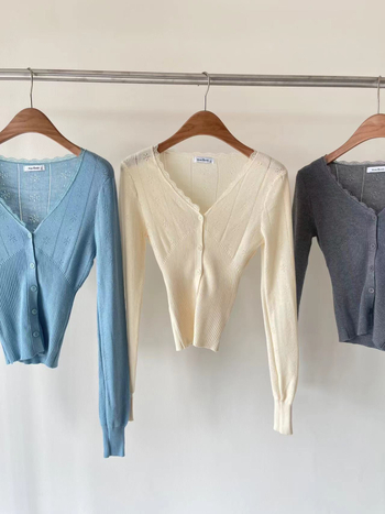 Pleteni kardigan s čipkastim izrezima, struk definiran A-kroj, V izrez, s jednim gumbom, jesen 2025