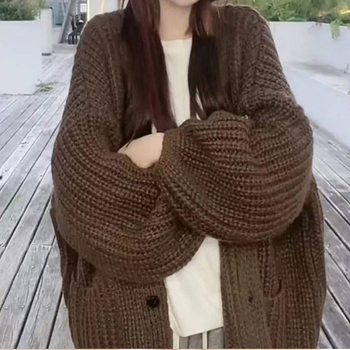 Kardigan od grubog pletenja, slobodan kroj, uzorak mašna, okrugli izrez, dugi rukavi