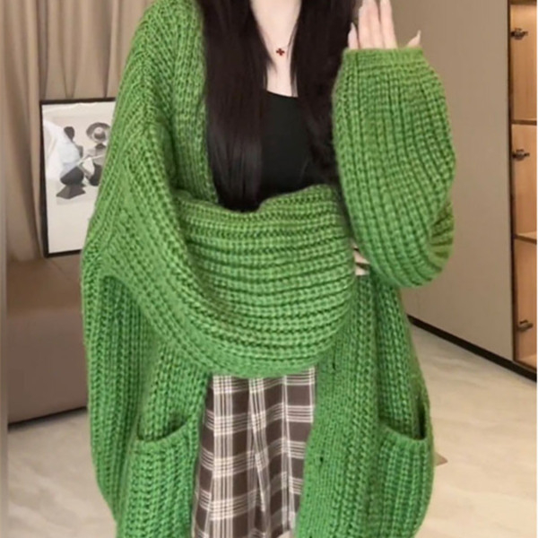 Kardigan od grubog pletenja, slobodan kroj, uzorak mašna, okrugli izrez, dugi rukavi