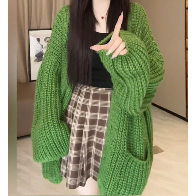 Kardigan od grubog pletenja, slobodan kroj, uzorak mašna, okrugli izrez, dugi rukavi