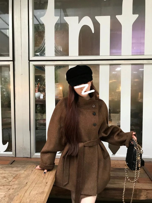Avon ženski vuneni kaput s stojećim ovratnikom, kratka duljina 40–50 cm, debela tkanina, uski kroj