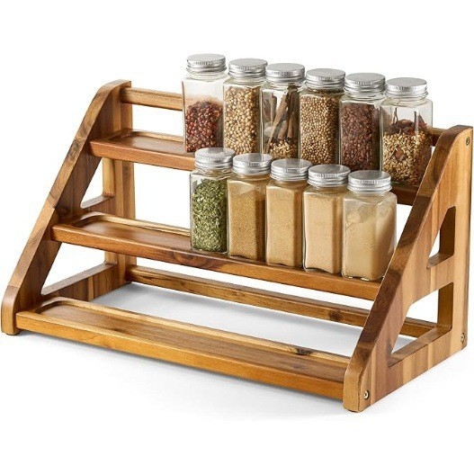 Ξύλινη ραφιέρα για μπαχαρικά σε επιφάνειας εργασίας — Πολυεπίπεδος οργανωτής κουζίνας, Μινιμαλιστικό στυλ, Εγκατάσταση χωρίς διάτρηση