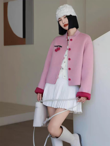 Palton femei din lână de oaie, guler stand, model cu potrivire cromatică, lungime normală, toamnă 2025