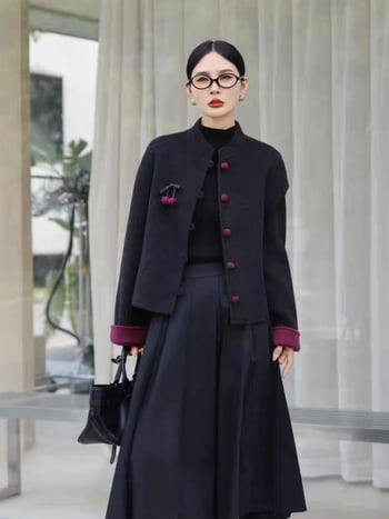 Palton femei din lână de oaie, guler stand, model cu potrivire cromatică, lungime normală, toamnă 2025