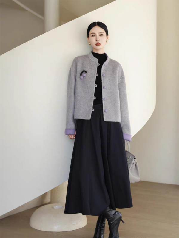 Palton femei din lână de oaie, guler stand, model cu potrivire cromatică, lungime normală, toamnă 2025